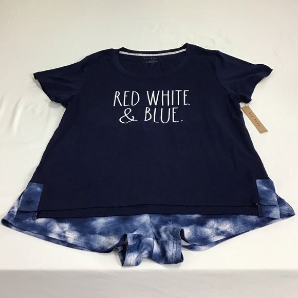 RAE DUNN RED WHITE & BLUE Tye-Dye Short Pajama Set - Picture 1 of 11